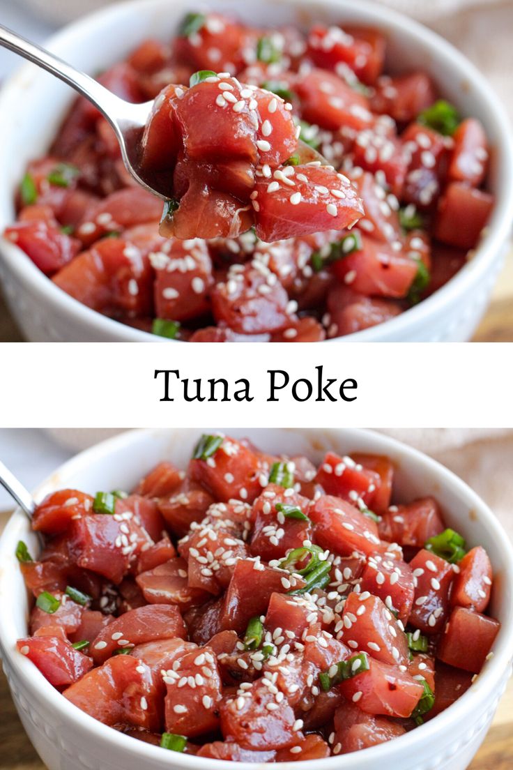 two bowls filled with tuna poke and topped with sesame seeds, green onions, and parsley