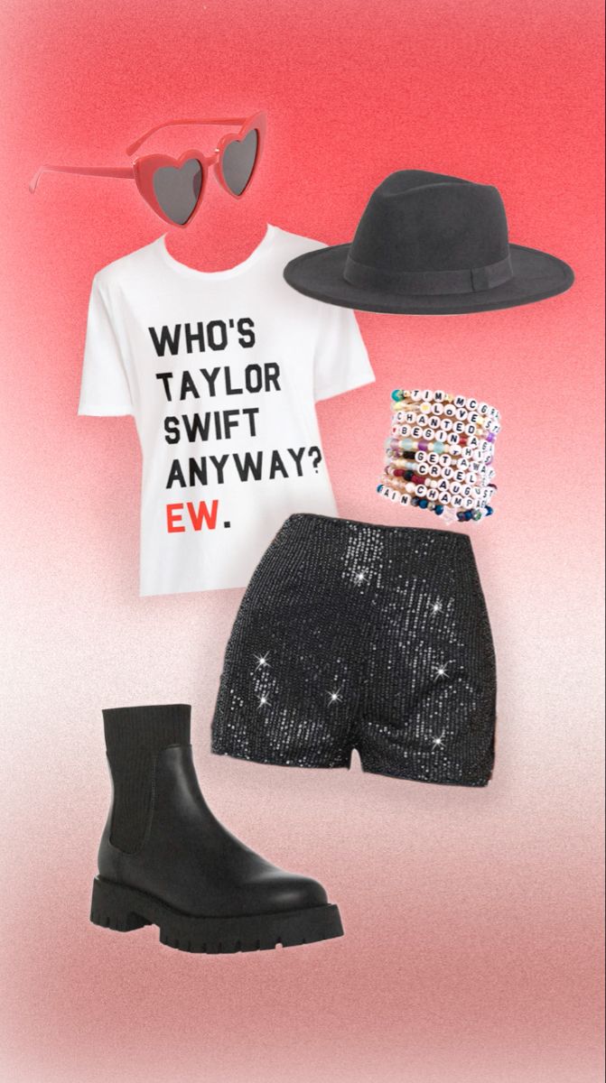 an outfit with sequin shorts, black boots and a white t - shirt that says who's taylor swift anyway?