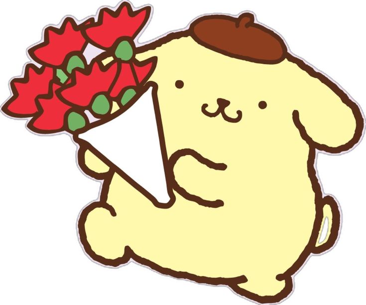 a cartoon dog holding a bouquet of flowers