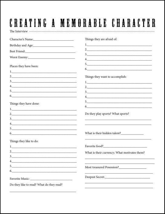 a printable character sheet for creating memorable characters