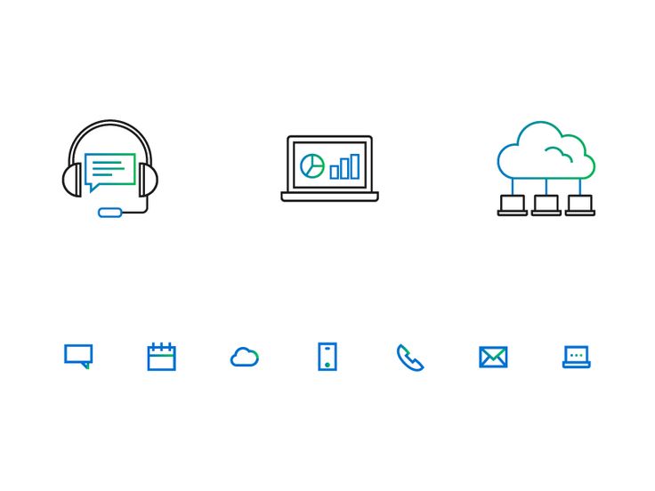 the icons are drawn in blue and green on a white background, including headphones