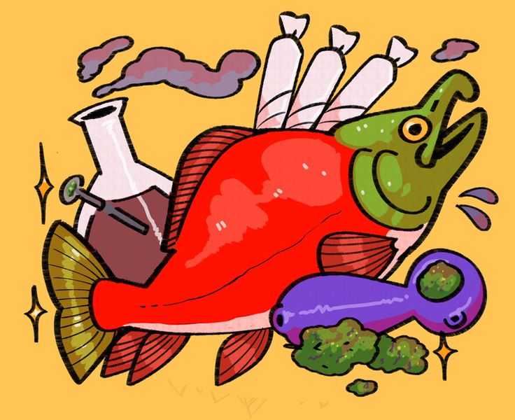 a drawing of a fish and some vegetables