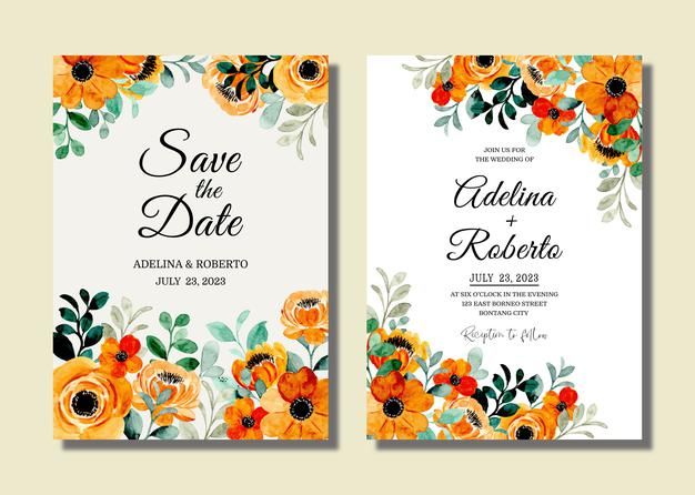 two wedding cards with orange flowers and greenery on the front, one in white