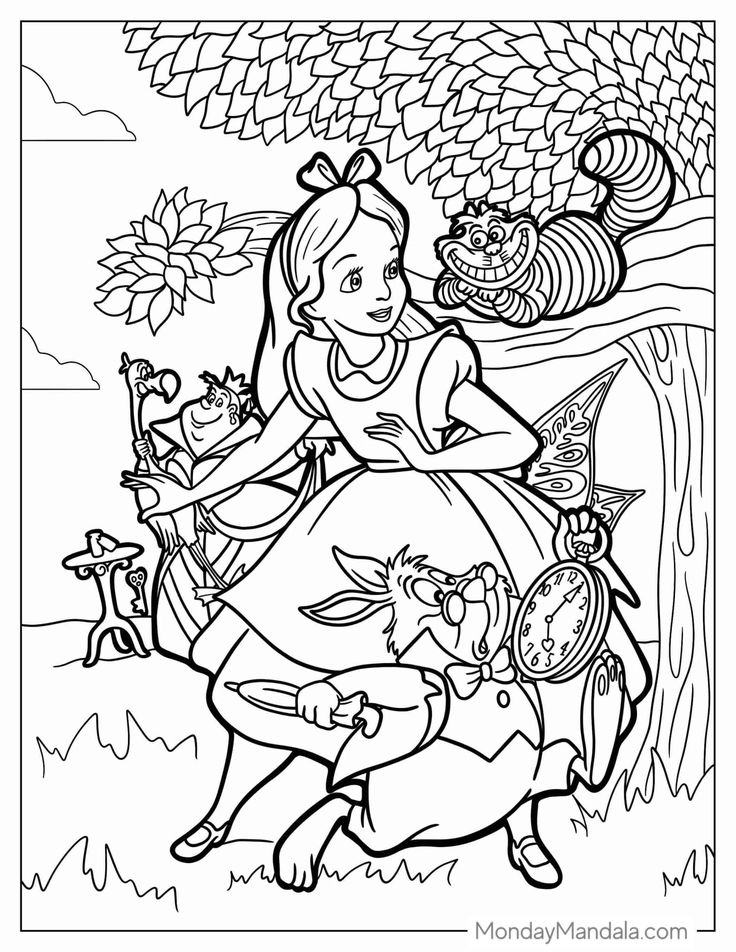 the princess and her friends are playing in the woods coloring page for kids to color