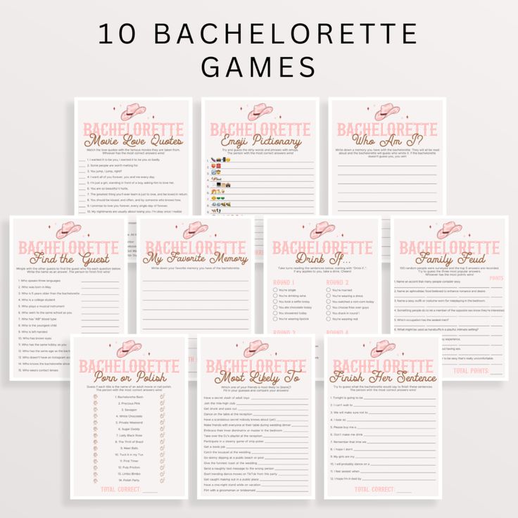 10 bachelor party games with pink and gold lettering