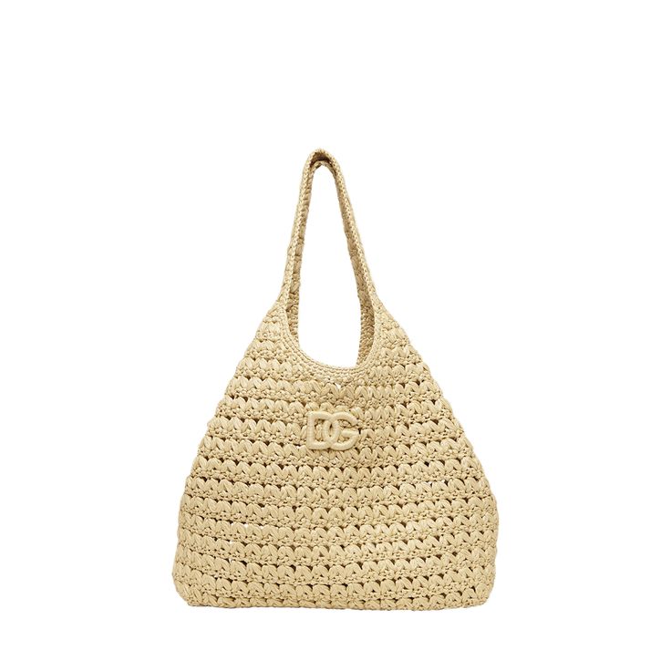 Dolce&Gabbana crochet rayon and leather tote bag with tonal DG logo  Shoulder straps  Open top  Interior, leashed zip pouch bag  Approx. 14.6"H x 15"W x 4.3"D Made in Italy Designer Rectangular Crochet Bag For Daily Use, Designer Beige Crochet Bag For Travel, Designer Crochet Top Handle Bag With Braided Handles, Designer Crochet Bag With Braided Handles, Designer Beige Crochet Tote Bag, Luxury Crochet Tote Bag With Leather Handles, Designer Crochet Bag With Braided Handles In Natural Color, Luxury Crochet Bag With Double Handle, Designer Crochet Travel Bag In Natural Color