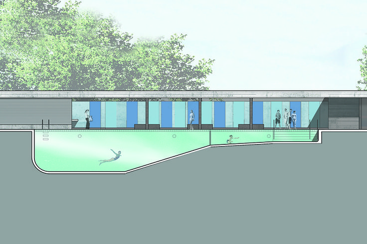 an artist's rendering of a swimming pool in the middle of a park with trees