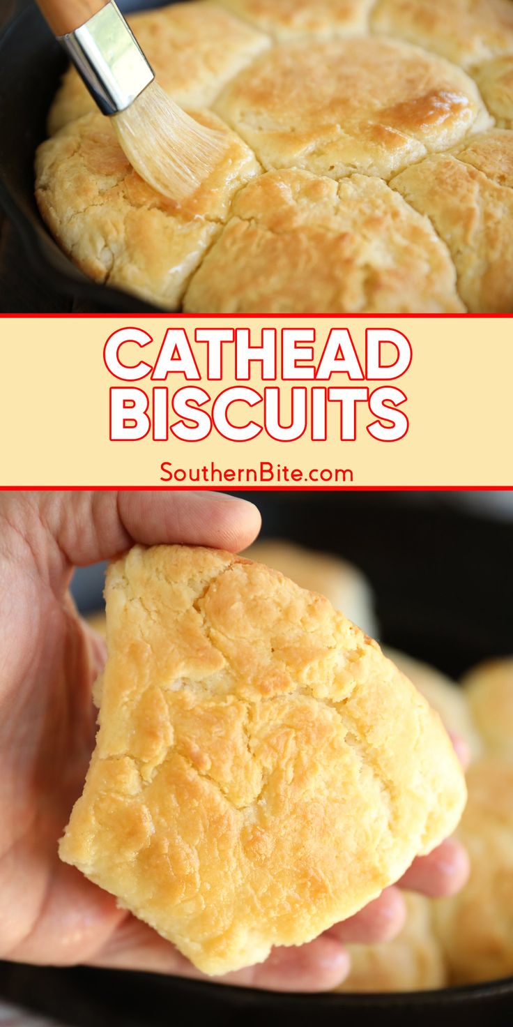 a hand holding a piece of bread with the words cathead biscuits in front of it