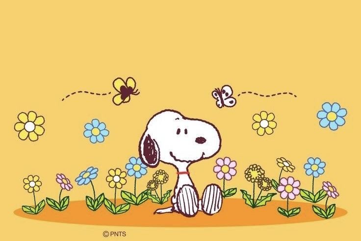 a cartoon dog sitting on the ground in front of flowers and bees flying over it