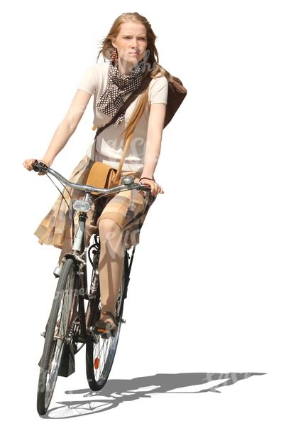 a woman riding a bike with a backpack on it's back and wearing a scarf around her neck