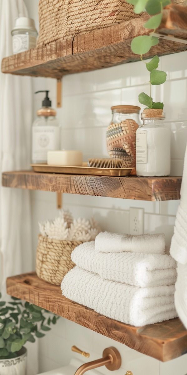 bathroom shelves with towels and other items on them