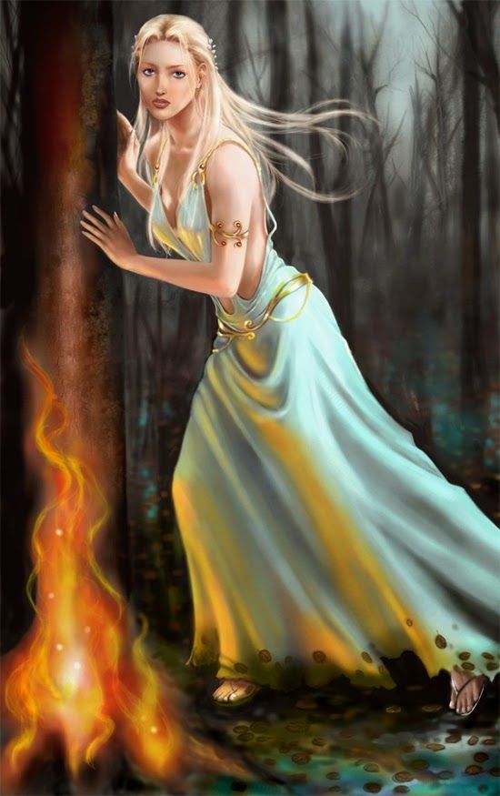 a painting of a woman in a white dress standing next to a tree and fire