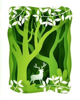 a paper cut out of a deer in the forest with trees and leaves on it