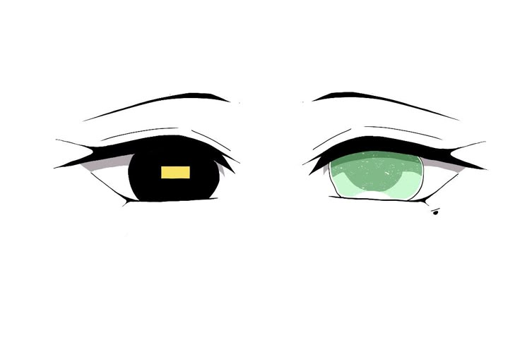 an anime character's eyes with green and yellow contacts