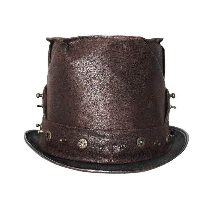 A steampunk top hat featuring metal studs and spikes.The front is decorated with a steampunk metal motif.It features an exclusive Devil Fashion logo too. Product Specifications:Style: PunkFabric: 90% Polyester, 10% Spandex Steampunk Top, Steampunk Top Hat, Studs And Spikes, Rock Style Clothing, Brown Hat, Types Of Hats, Skull Hat, Style Steampunk, Studs Men