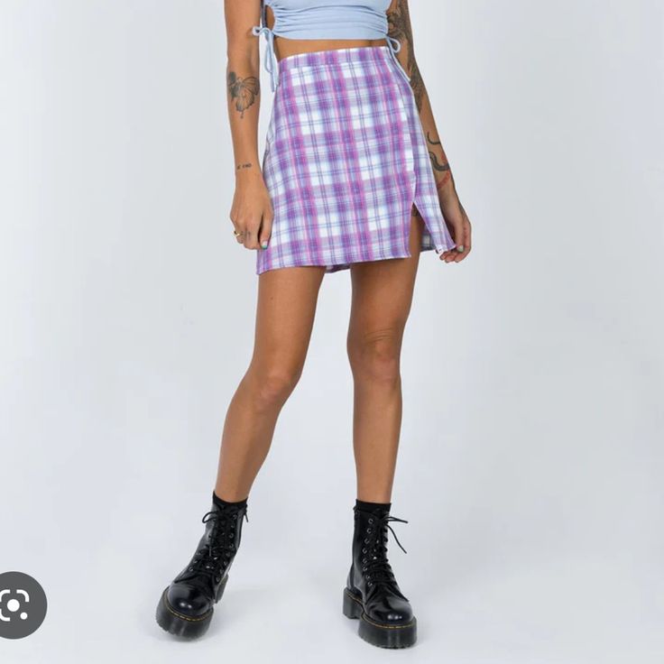 Nwt Princess Polly Purple And Blue Plaid Skirt! Perfect New Condition, Send An Offer! It’s True To Size, Mid Rise Plaid Skirt. Summer Purple Mini Pleated Skirt, Y2k Plaid Skirt, Purple Plaid Skirt Outfit Aesthetic, Skirt Y2k Plaid Blue, Purple Skirt Outfit, Plaid Purple Skirt, Purple Plaid Skirt, Blue Plaid Skirt, Purple Floral Print Mini Skirt