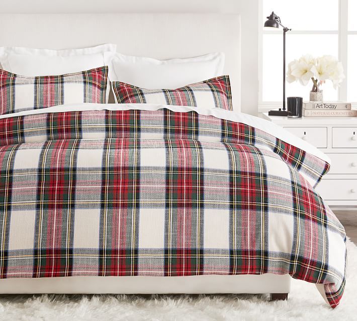 Stewart plaid cotton duvet cover and shams available at Pottery Barn Duvet Comforter Sets, Stewart Plaid, Holiday Bed, Eagle Crest, White Linens, Pottery Barn Christmas, Plaid Bedding, Ski House, Christmas Bedding