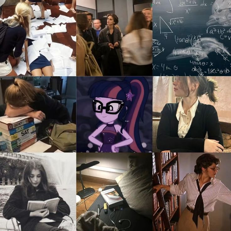 a collage of photos with people in the background and writing on chalkboard behind them