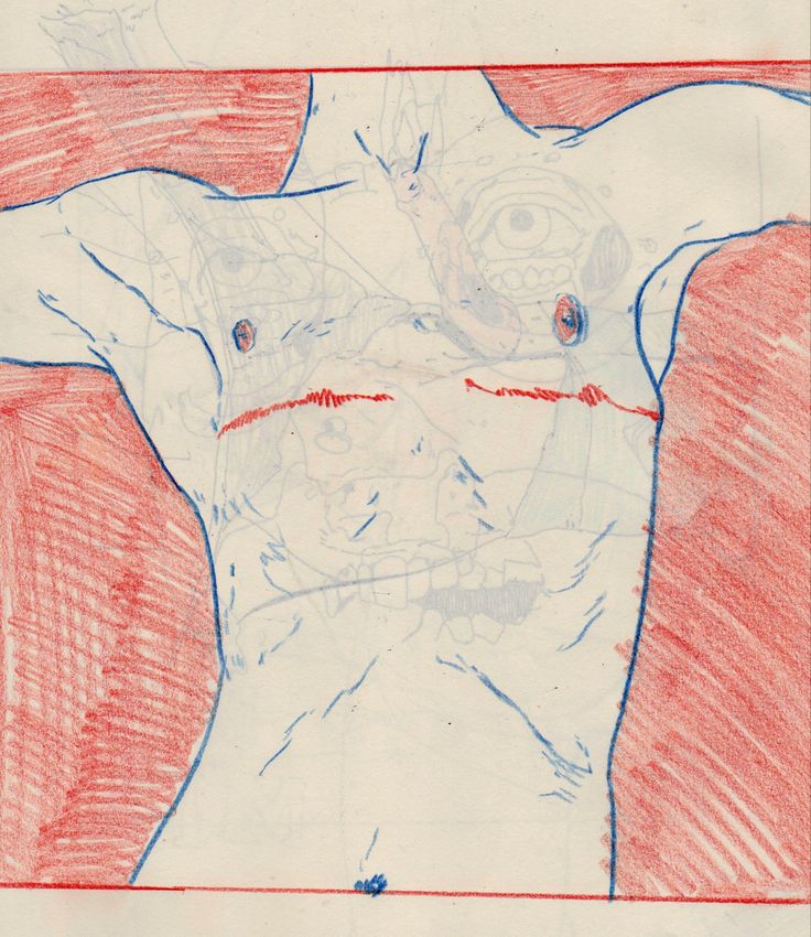 a drawing of a man's torso in red and blue