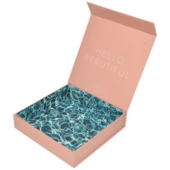 an open pink box with blue water inside