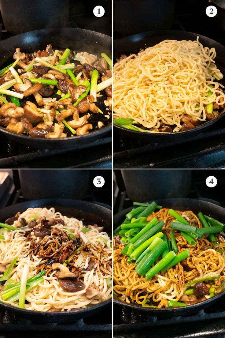 steps to make stir fry with mushrooms and noodles in a skillet on the stove