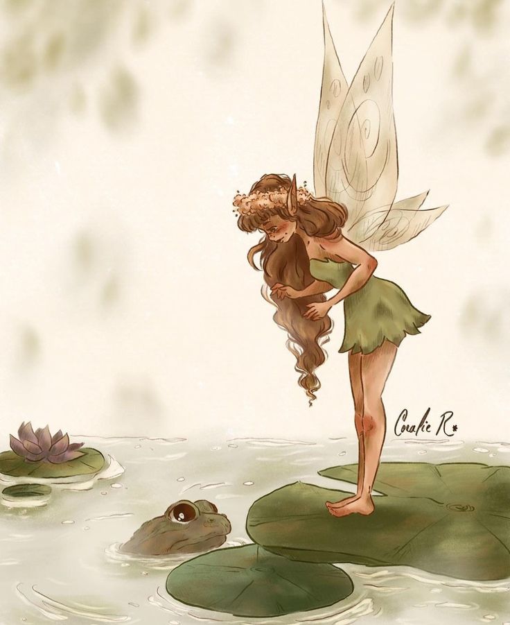 a painting of a fairy standing on top of lily pads next to a frog in the water