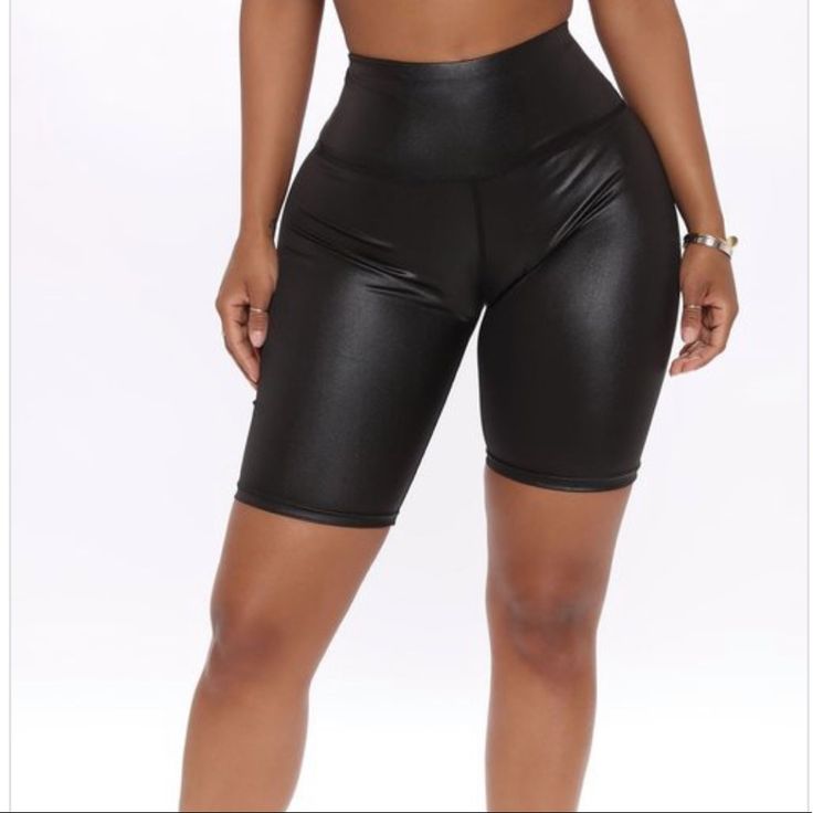 Cute Black Faux Leather Biker Shorts! #Cuuuute! 95% Polyester 5 %Spandex Trendy High Waist High Stretch Biker Shorts, Trendy High Waist Biker Shorts For Workout, Trendy High-waist Biker Shorts For Workout, Fitted Casual Biker Shorts For Night Out, Edgy Black Workout Bottoms, Sporty Stretch Biker Shorts For Night Out, Sporty Biker Shorts For Night Out, Edgy Black Fitted Biker Shorts, Casual Mid-thigh Biker Shorts For Night Out