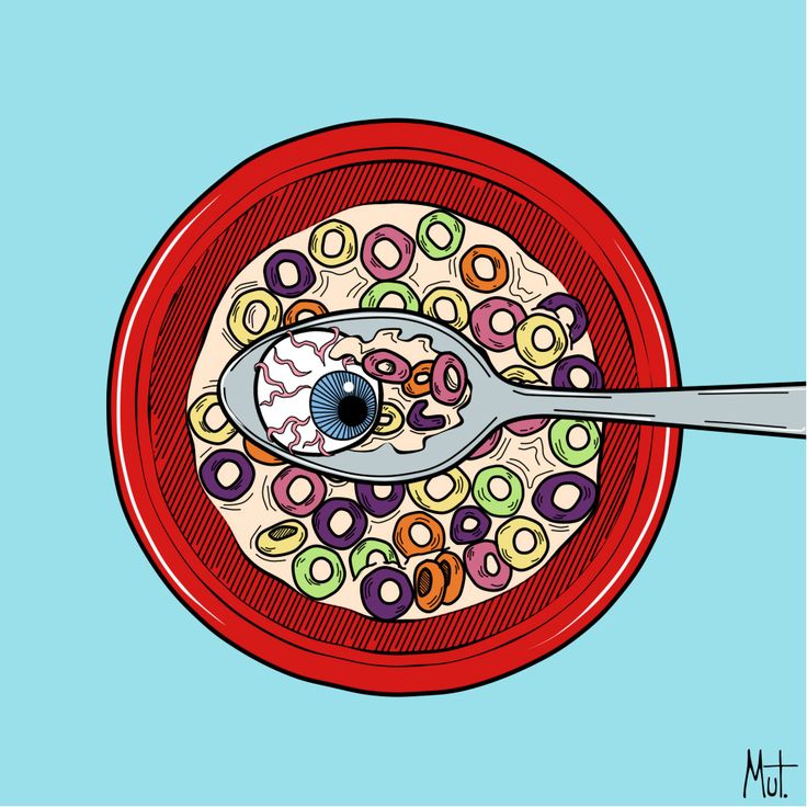 a bowl of cereal with a pair of scissors sticking out of the top and an eyeball in the middle