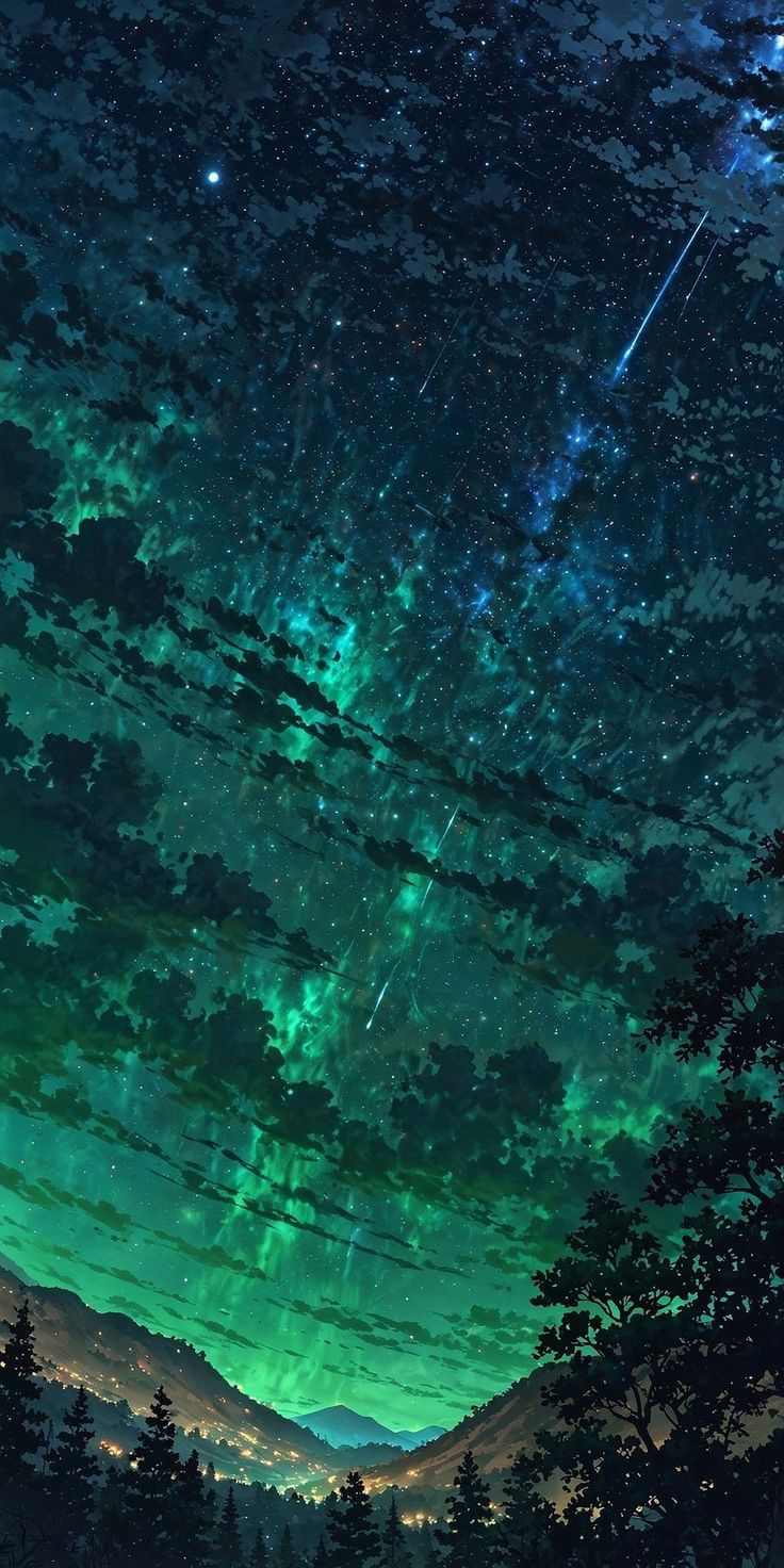 the night sky is filled with stars and green lights as well as trees in the foreground