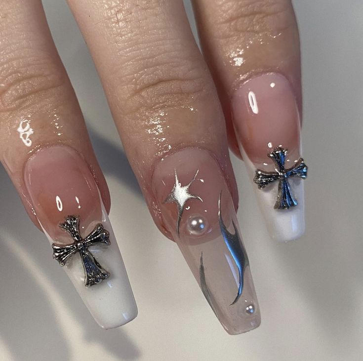 French Tip Acrylic Nails With Cross, Chrome Gem Nails, Chrome Nails With Cross, Nails With Cross Gems, White Nails Gems, Cross Gem Nails, White Cross Nails, Nail With Cross, Cross Nails Design