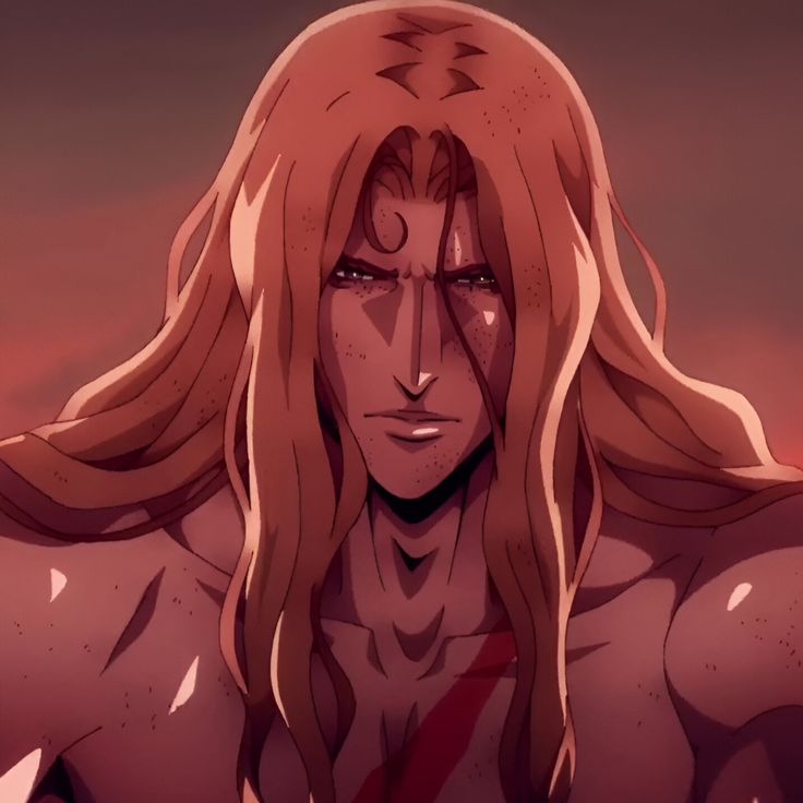 an anime character with long blonde hair and no shirt on, staring at the camera