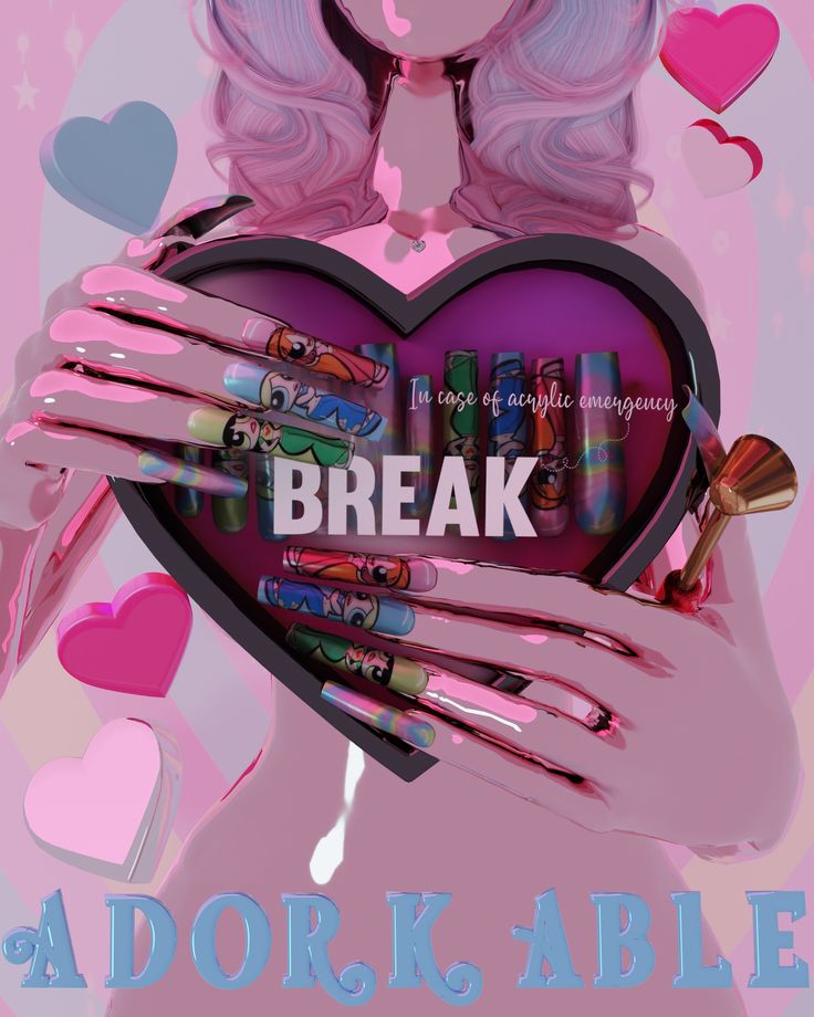 a woman holding a heart with her hands and nails on it, in front of a pink background