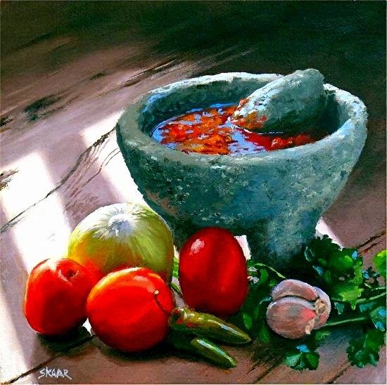 an oil painting of tomatoes, onions and garlic in a mortar bowl