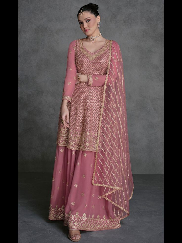 Light Pink Georgette Sharara Suit with Heavy Designer Embroidery Work Processing Time : 7 Business Days Work : Heavy Designer Embroidery Work Fabric:Top : Georgette Bottom : Santoon Dupatta : Net Color:Top : Light Pink Bottom : Light Pink Dupatta : Light Pink Embroidery Kameez, Designer Sharara Suits, Anarkali Tops, Sharara Suits, Pakistani Style, Zari Embroidery, Palazzo Suit, Sharara Suit, Kurta Dress