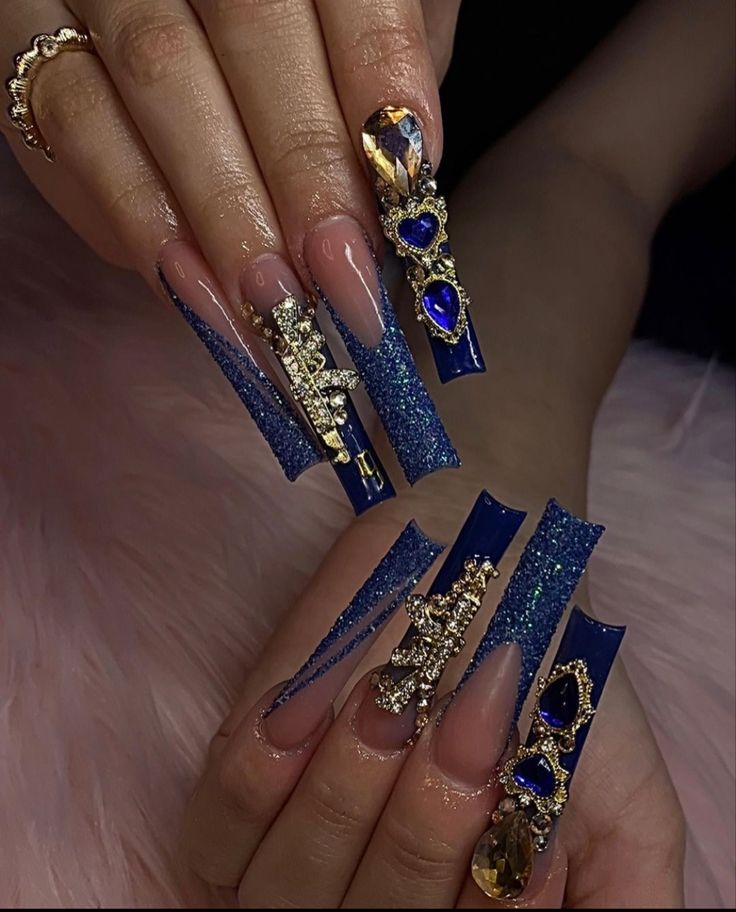 Crazy Acrylic Nails, Blue Gold Nails, Beach Nails Art, Quinceanera Nails, Gold Acrylic Nails, 2023 Nail, Nails Art Ideas, Purple Acrylic Nails, Red Acrylic Nails