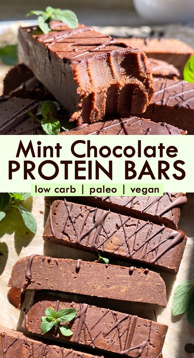 chocolate protein bars with mint sprig on top and text overlay that reads, mini chocolate protein bars low carb / pale vegan