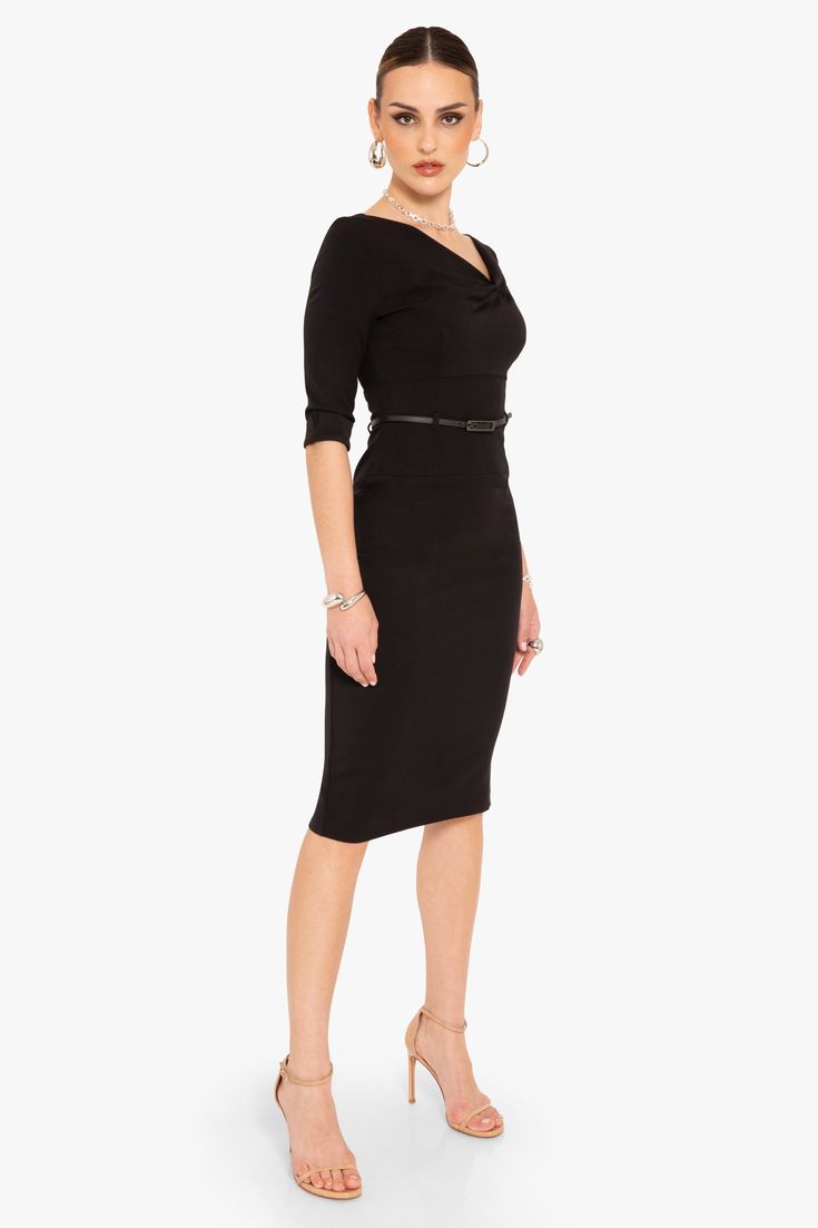 Laurel Berman's iconic Black Halo Classic Jackie O Dress with 3/4 sleeves is perfect for the office or an evening out. With a classically slim silhouette, this piece is made for being seen. Featuring an asymmetrical neckline, 3/4 sleeves, slim waist with built in loops the a genuine leather belt (included!), scoop back with zip closure, and knee length skirt with a back slit. The Jackie O is designed and manufactured in Los Angeles, CA, USA of imported fabrics. 42 inches From Shoulder Center Bac Dresses 20s, Alt Bride, Cute Professional Outfits, Black Pencil Dress, Fall Inspiration, Black Halo, Jackie O, Asymmetrical Neckline, Black Sheath Dress