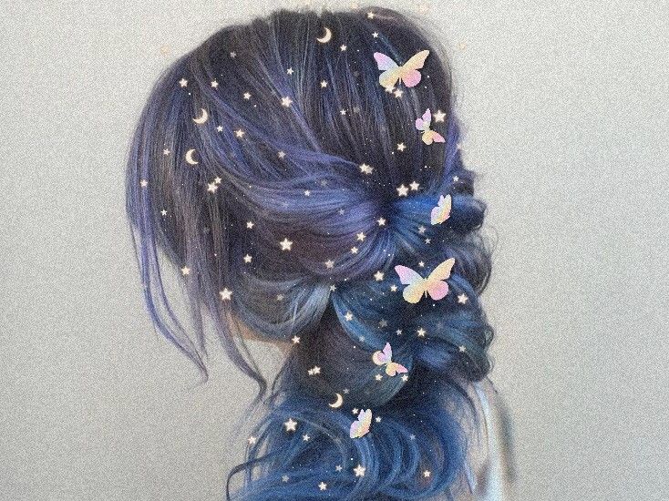 Spacecore Hairstyle, Cute Fantasy Hairstyles, Pretty Fancy Hairstyles, Water Inspired Hairstyles, Galaxy Theme Hairstyle, Galaxy Hair Accessories, Space Themed Hairstyles, Mythical Hairstyles, Celestial Hairstyles