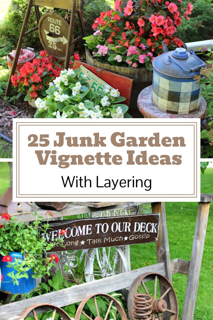 an old wagon filled with flowers and plants is featured in this postcard for the 25 junk garden vignette ideas