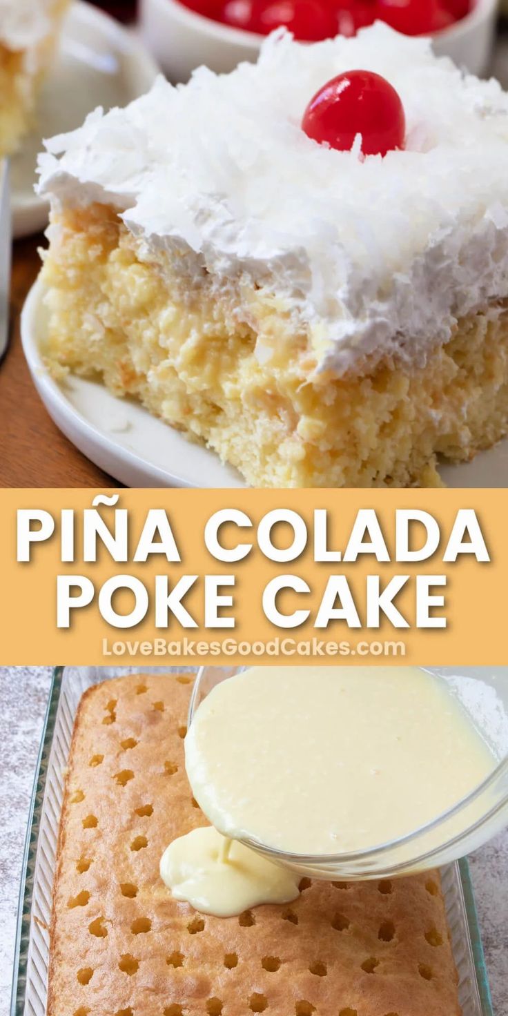 pine colada poke cake with white frosting and cherries on top, in front of