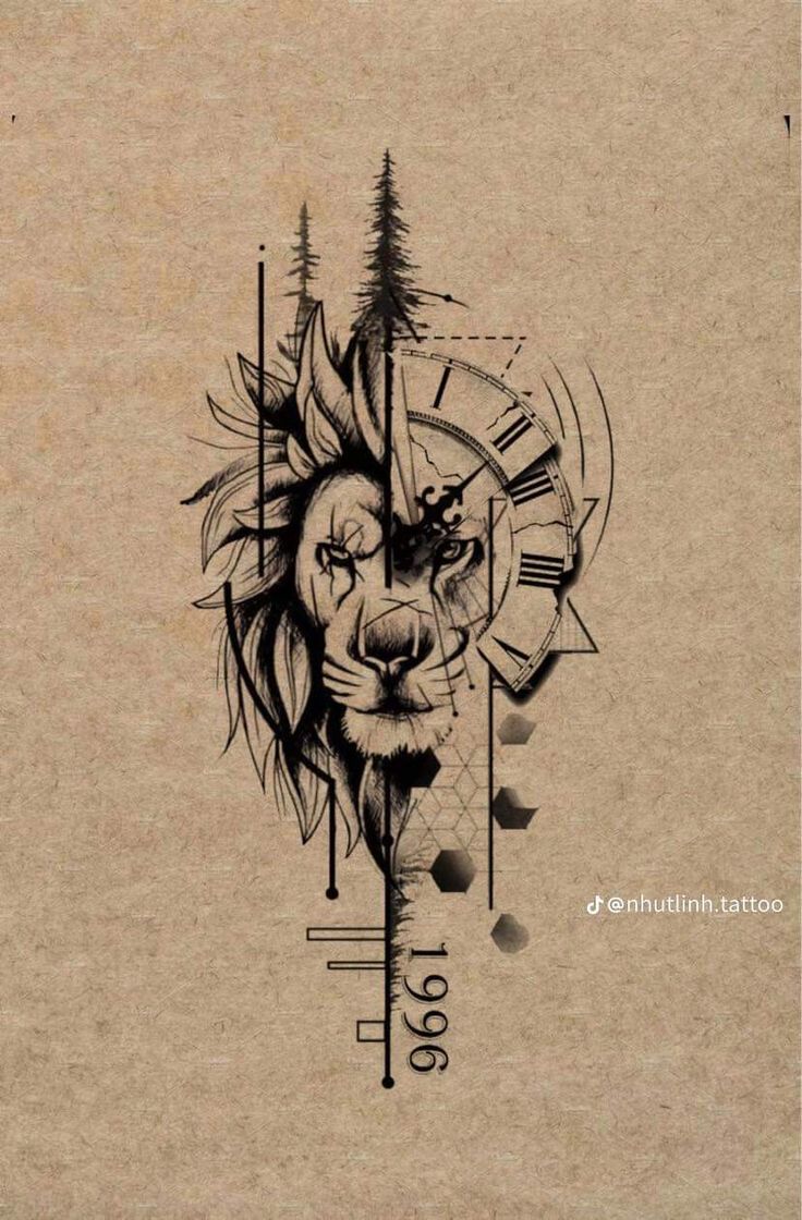 a drawing of a clock with a lion's face on it and trees in the background