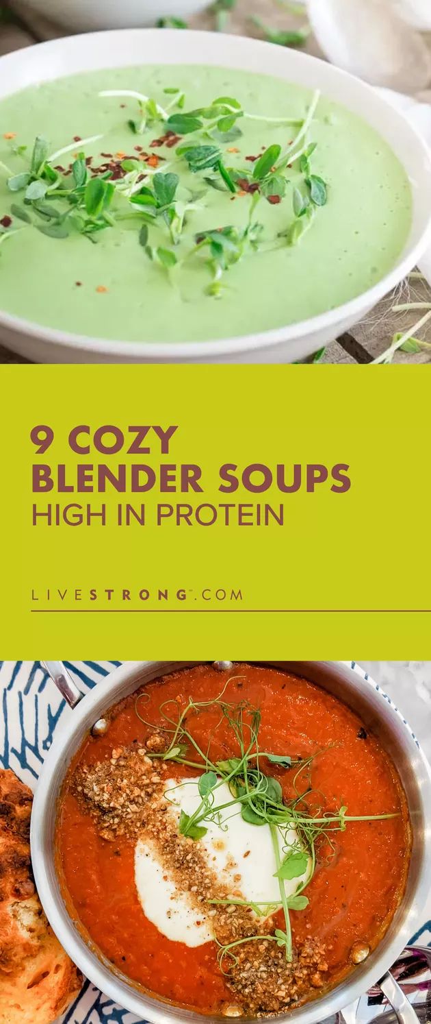 two bowls filled with soup next to each other on top of a wooden table and text overlay that reads 2 cozy blender soups high in protein