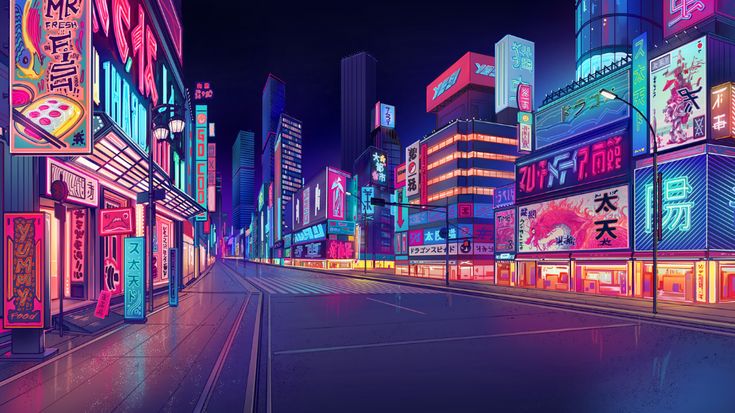 an image of a city at night with neon lights