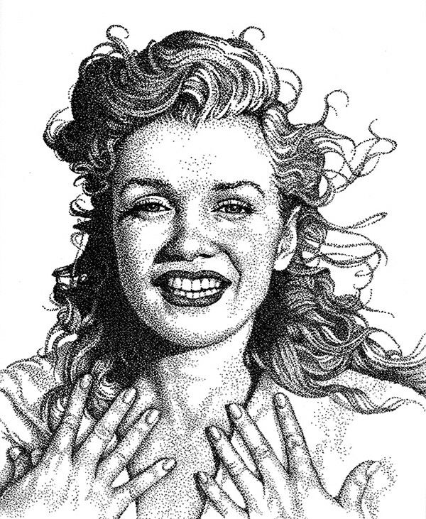 a black and white drawing of a woman with her hands on her chest smiling at the camera