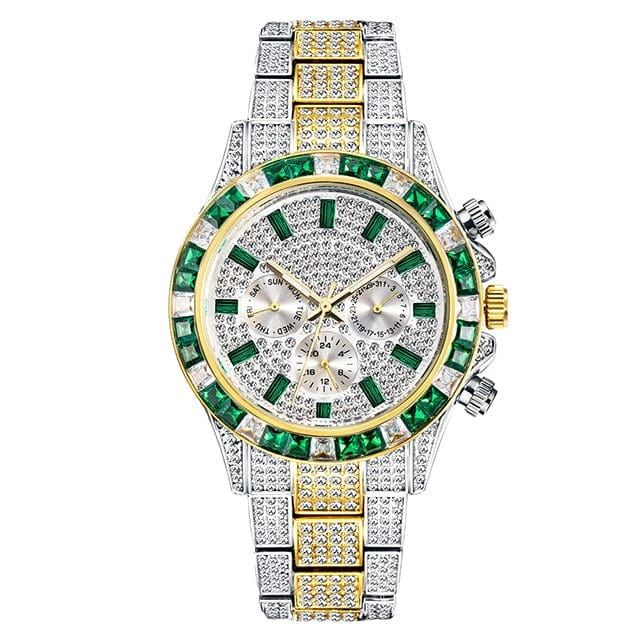 BEHOLD, THE ULTIMATE STATEMENT PIECE FOR THE MODERN MAN OF STYLE AND SUBSTANCE - THE TWO-TONE GREEN ICED OUT MEN'S WATCH! This exquisite timepiece boasts a bold, dual-tone design in shades of green that exudes an aura of confidence and sophistication. Crafted with the finest materials and meticulous attention to detail, this watch features a stunning iced out bezel that sparkles and shines with every flick of the wrist, adding a touch of glamour and luxury to any outfit. SPECIFICATIONS Case Diam Personalized Watches, Diamond Quartz, Green Diamond, Hip Hop Jewelry, Mens Luxury, Diamond Watch, Stainless Steel Band, Wristwatch Men, Steel Watch