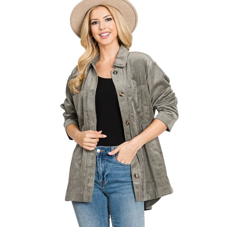 Get ready for your new favorite go-to corduroy shacket! It will keep you cozy and warm as our weather starts to to cool. 88% POLYESTER, 12% NYLON Model is 5'8" and is wearing a Small Trendy Shacket With Corduroy Collar For Fall, Everyday Corduroy Outerwear With Buttons, Casual Fall Shacket With Corduroy Collar, Oversized Corduroy Shacket For Winter, Fall Corduroy Outerwear With Pockets, Corduroy Outerwear With Buttons, Winter Corduroy Outerwear For Everyday Wear, Casual Corduroy Utility Jacket For Fall, Spring Corduroy Utility Jacket With Long Sleeves