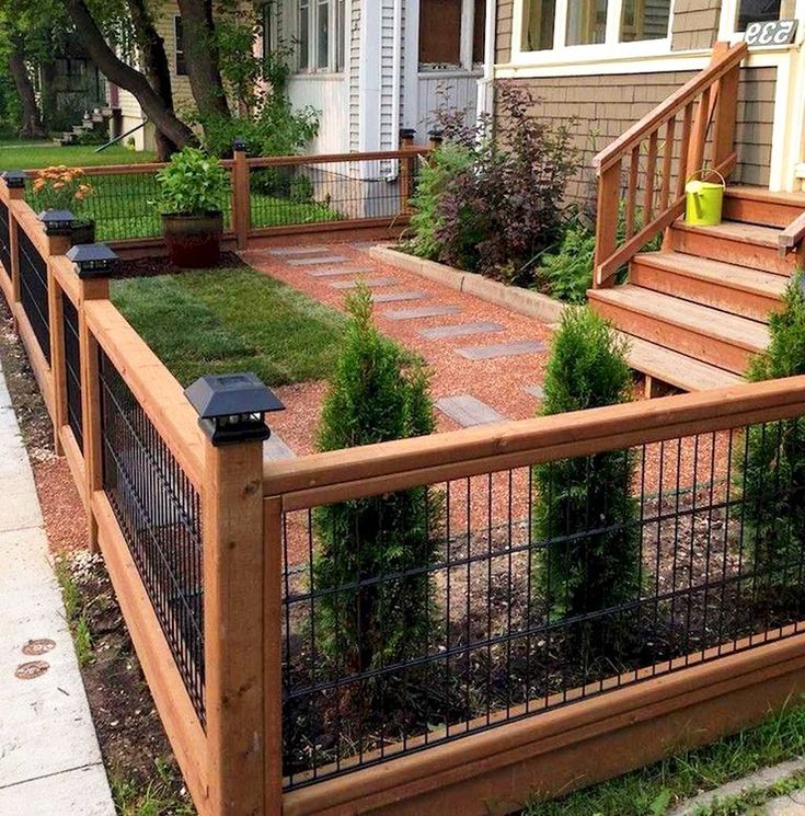 a fenced in yard with grass and bushes on the side walk next to a house