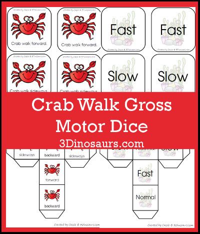 crab walk cross motor dice game with the words crab walk on it, and an image of