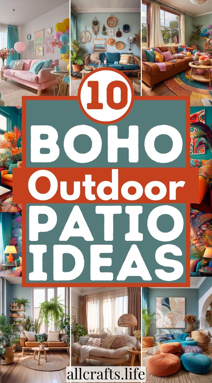 the words boho outdoor patio ideas are in front of an image of colorful furniture