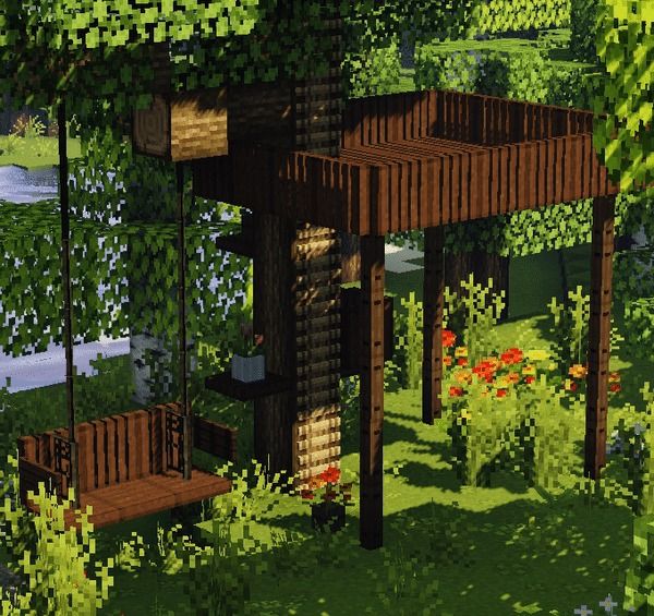 an artistic rendering of a tree house in the middle of a park with benches and trees